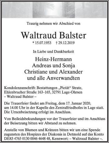 Anzeige  Waltraud Balster  Lippische Landes-Zeitung