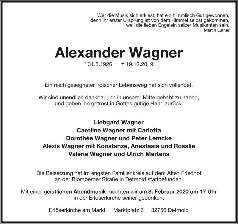  Traueranzeige für Alexander Wagner vom 04.01.2020 aus Lippische Landes-Zeitung