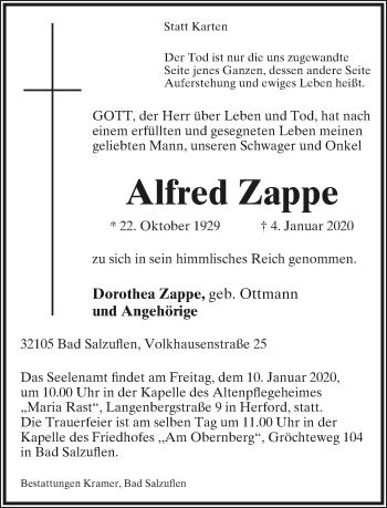 Anzeige  Alfred Zappe  Lippische Landes-Zeitung