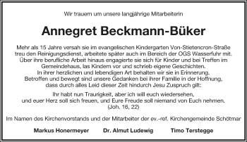 Anzeige  Annegret Beckmann-Büker  Lippische Landes-Zeitung