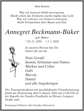 Anzeige  Annegret Beckmann-Büker  Lippische Landes-Zeitung