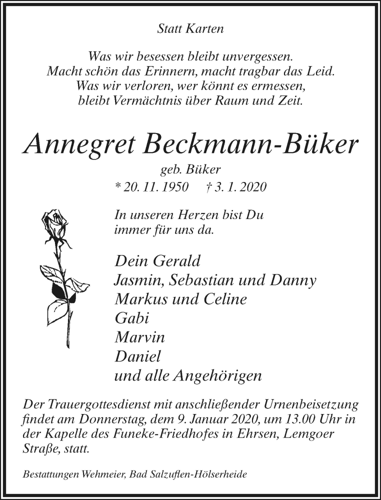  Traueranzeige für Annegret Beckmann-Büker vom 06.01.2020 aus Lippische Landes-Zeitung