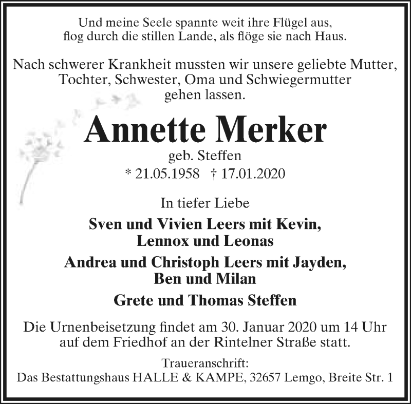  Traueranzeige für Annette Merker vom 25.01.2020 aus Lippische Landes-Zeitung