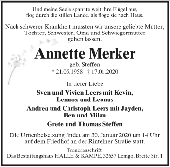Anzeige  Annette Merker  Lippische Landes-Zeitung