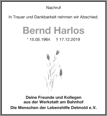 Anzeige  Bernd Harlos  Lippische Landes-Zeitung