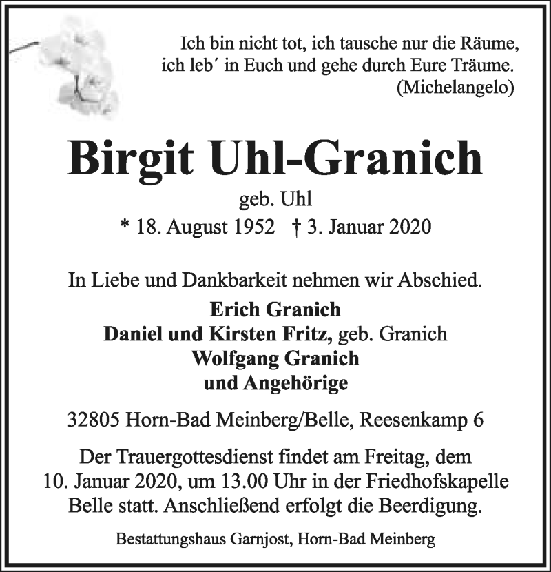  Traueranzeige für Birgit Uhl-Granich vom 06.01.2020 aus Lippische Landes-Zeitung