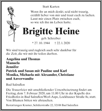 Anzeige  Brigitte Heine  Lippische Landes-Zeitung