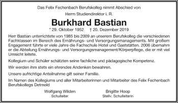 Anzeige  Burkhard Bastian  Lippische Landes-Zeitung
