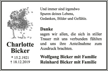 Anzeige  Charlotte Bicker  Lippische Landes-Zeitung