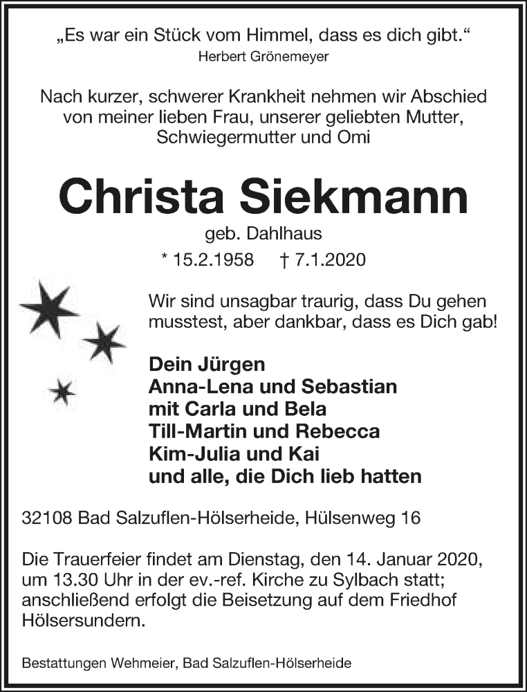  Traueranzeige für Christa Siekmann vom 11.01.2020 aus Lippische Landes-Zeitung