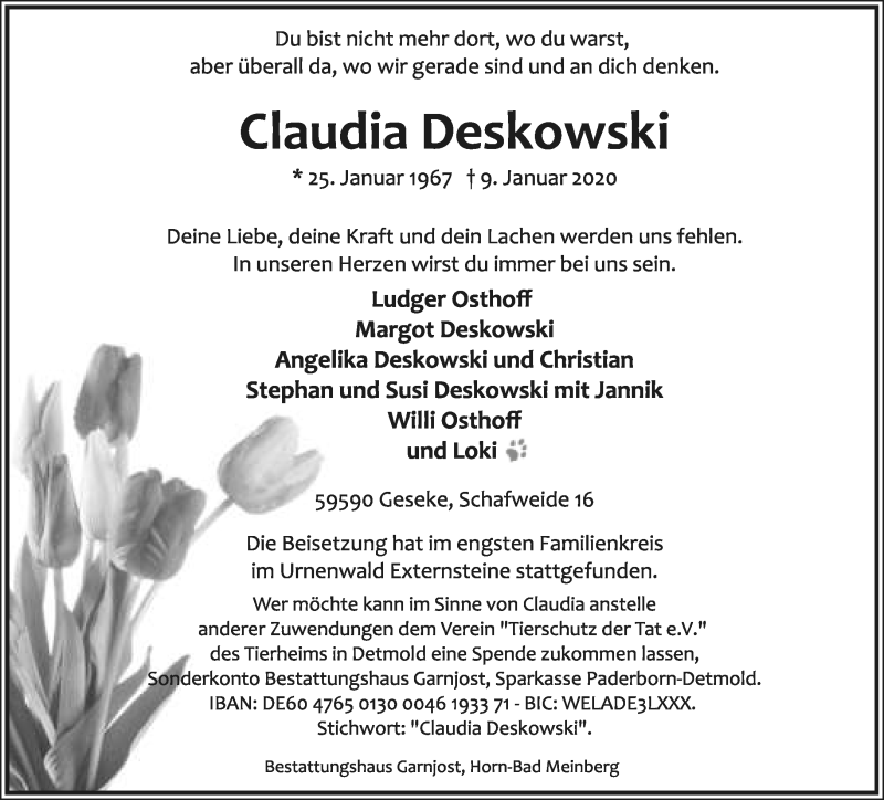 Traueranzeige für Claudia Deskowski vom 18.01.2020 aus Lippische Landes-Zeitung