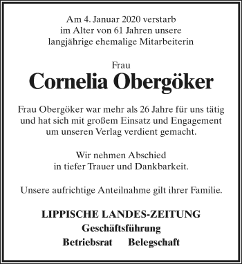 Anzeige  Cornelia Obergöker  Lippische Landes-Zeitung