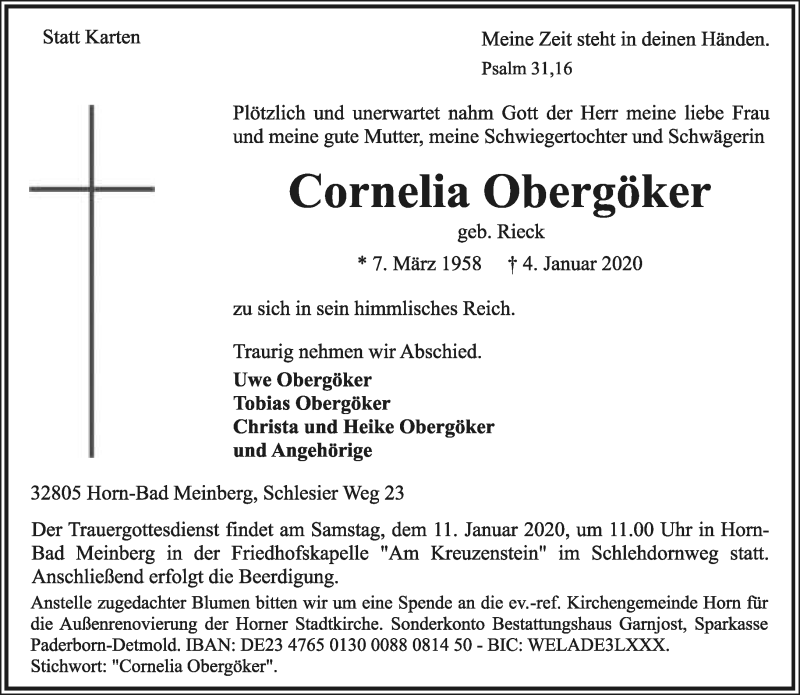  Traueranzeige für Cornelia Obergöker vom 06.01.2020 aus Lippische Landes-Zeitung