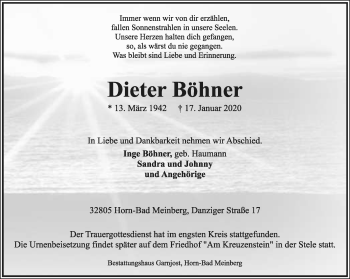 Anzeige  Dieter Böhner  Lippische Landes-Zeitung