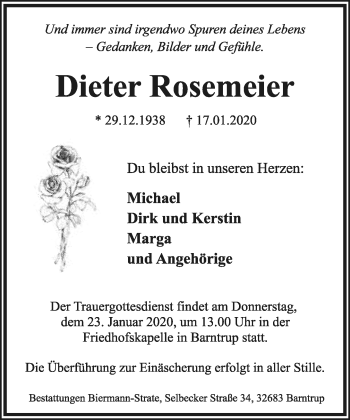 Anzeige  Dieter Rosemeier  Lippische Landes-Zeitung