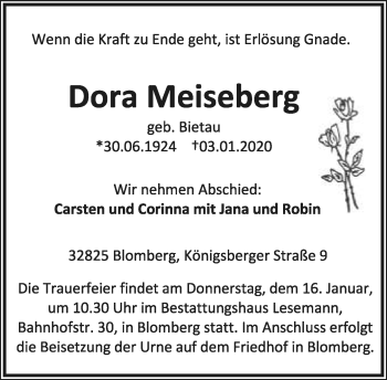 Anzeige  Dora Meiseberg  Lippische Landes-Zeitung