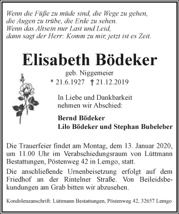 Anzeige  Elisabeth Bödeker  Lippische Landes-Zeitung