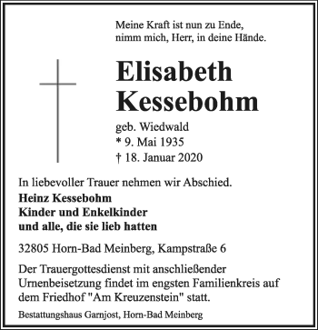 Anzeige  Elisabeth Kessebohm  Lippische Landes-Zeitung