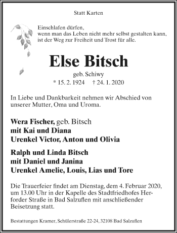 Anzeige  Else Bitsch  Lippische Landes-Zeitung
