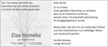 Anzeige  Else Reineke  Lippische Landes-Zeitung