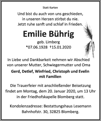 Anzeige  Emilie Bührig  Lippische Landes-Zeitung