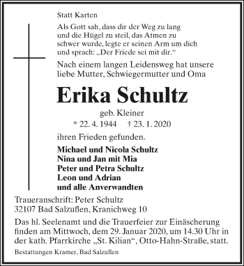 Anzeige  Erika Schultz  Lippische Landes-Zeitung