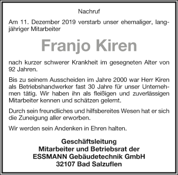 Anzeige  Franjo Kiren  Lippische Landes-Zeitung