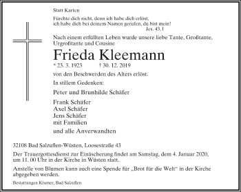 Anzeige  Frieda Kleemann  Lippische Landes-Zeitung