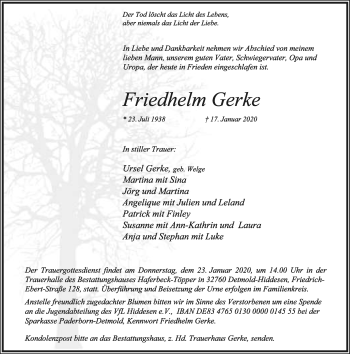 Anzeige  Friedhelm Gerke  Lippische Landes-Zeitung