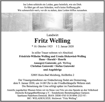 Anzeige  Fritz Welling  Lippische Landes-Zeitung