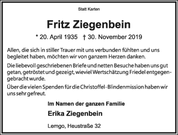 Anzeige  Fritz Ziegenbein  Lippische Landes-Zeitung