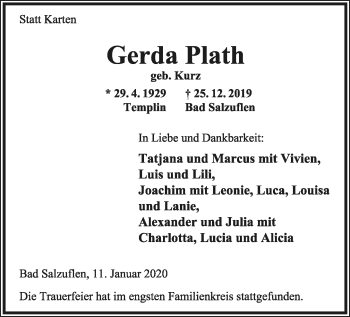 Anzeige  Gerda Plath  Lippische Landes-Zeitung