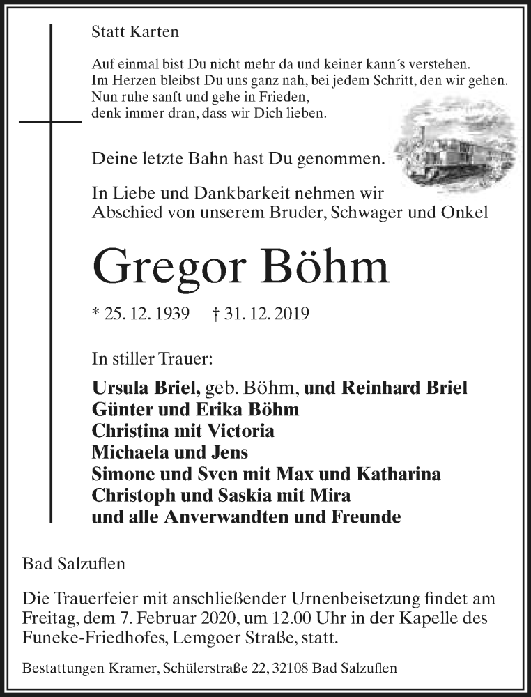  Traueranzeige für Gregor Böhm vom 11.01.2020 aus Lippische Landes-Zeitung