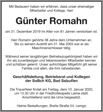 Anzeige  Günter Romahn  Lippische Landes-Zeitung
