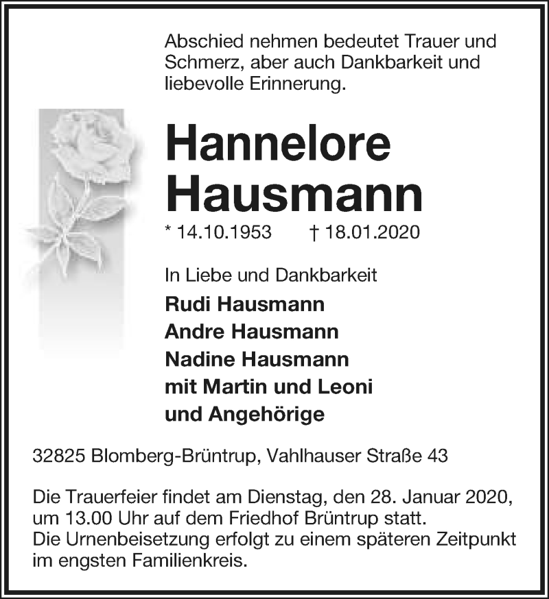  Traueranzeige für Hannelore Hausmann vom 22.01.2020 aus Lippische Landes-Zeitung