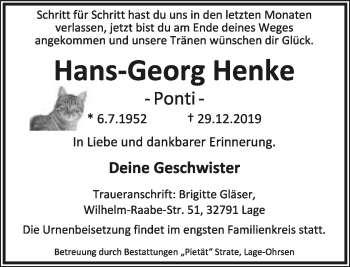 Anzeige  Hans-Georg Henke  Lippische Landes-Zeitung