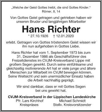 Anzeige  Hans Richter  Lippische Landes-Zeitung