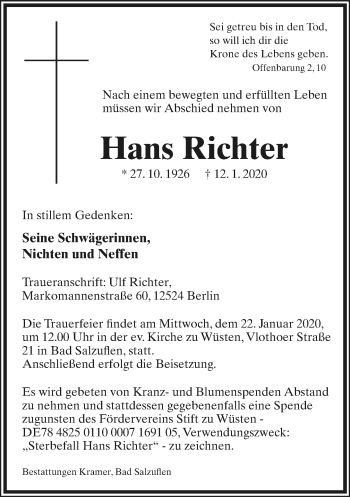 Anzeige  Hans Richter  Lippische Landes-Zeitung