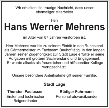 Anzeige  Hans Werner Mehrens  Lippische Landes-Zeitung