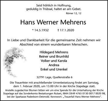 Anzeige  Hans Werner Mehrens  Lippische Landes-Zeitung