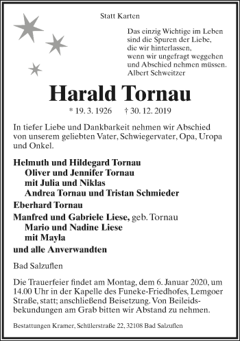 Anzeige  Harald Tornau  Lippische Landes-Zeitung