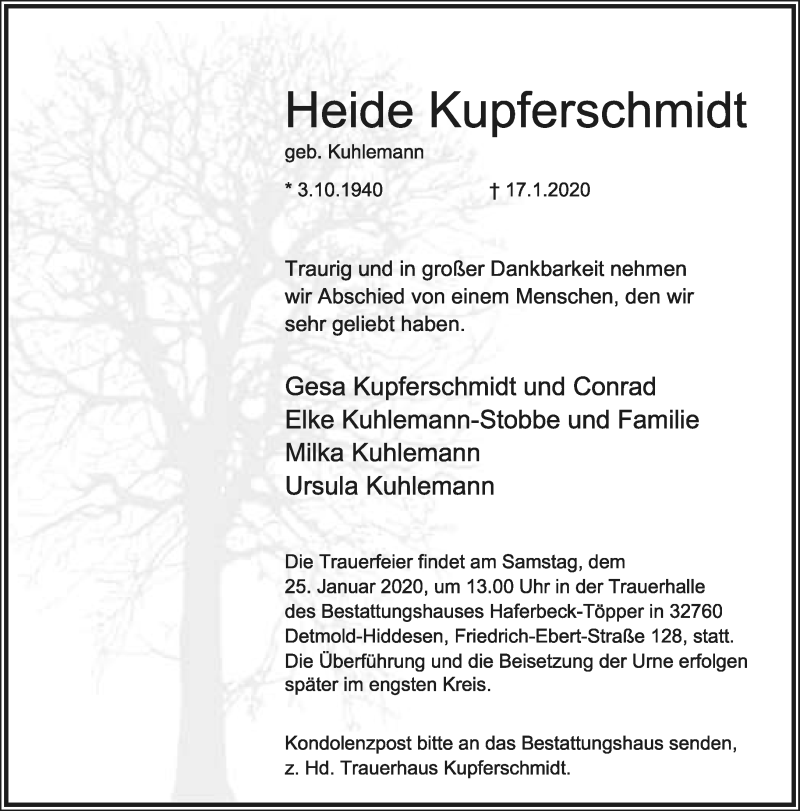  Traueranzeige für Heide Kupferschmidt vom 22.01.2020 aus Lippische Landes-Zeitung