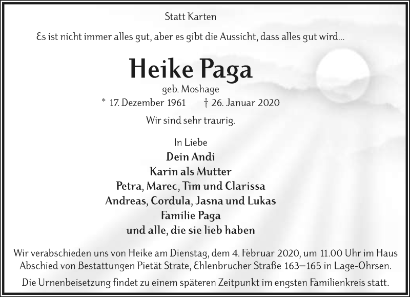  Traueranzeige für Heike Paga vom 30.01.2020 aus Lippische Landes-Zeitung