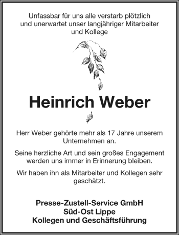 Anzeige  Heinrich Weber  Lippische Landes-Zeitung