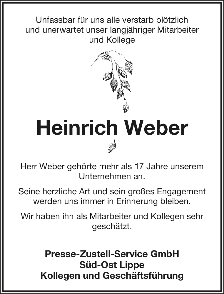  Traueranzeige für Heinrich Weber vom 04.01.2020 aus Lippische Landes-Zeitung