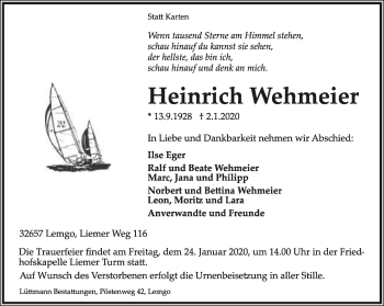 Anzeige  Heinrich Wehmeier  Lippische Landes-Zeitung