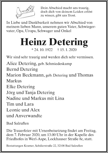 Anzeige  Heinz Detering  Lippische Landes-Zeitung