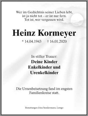 Anzeige  Heinz Kormeyer  Lippische Landes-Zeitung