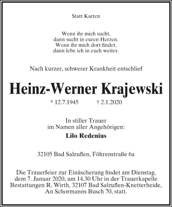 Anzeige  Heinz-Werner Krajewski  Lippische Landes-Zeitung