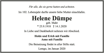 Anzeige  Helene Dümpe  Lippische Landes-Zeitung